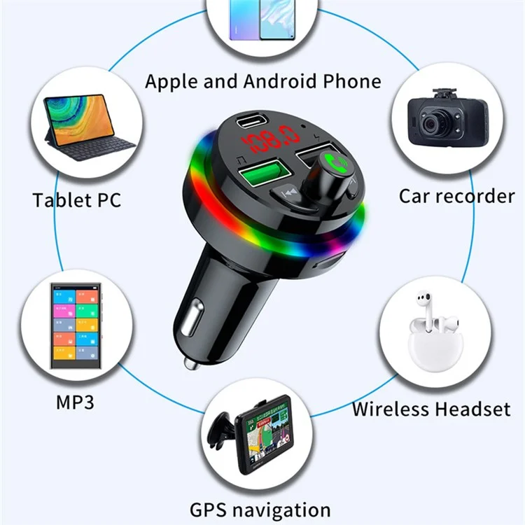 F17 Appel mains libres Bluetooth Lecteur de musique Transmetteur FM Chargeur de voiture Double USB + Type-C Prise en charge du disque U / Carte TF 