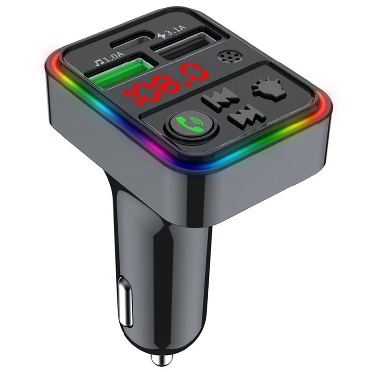 F18 Chamada Bluetooth Mãos-Livres Leitor de Música MP3 Luz LED Colorida Tipo-C + Carregador Duplo USB para Carro Transmissor FM Unidade USB / Cartão TF 