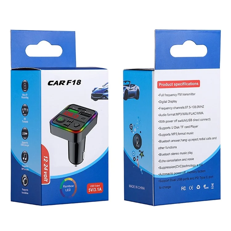 F18 Chamada Bluetooth Mãos-Livres Leitor de Música MP3 Luz LED Colorida Tipo-C + Carregador Duplo USB para Carro Transmissor FM Unidade USB / Cartão TF 
