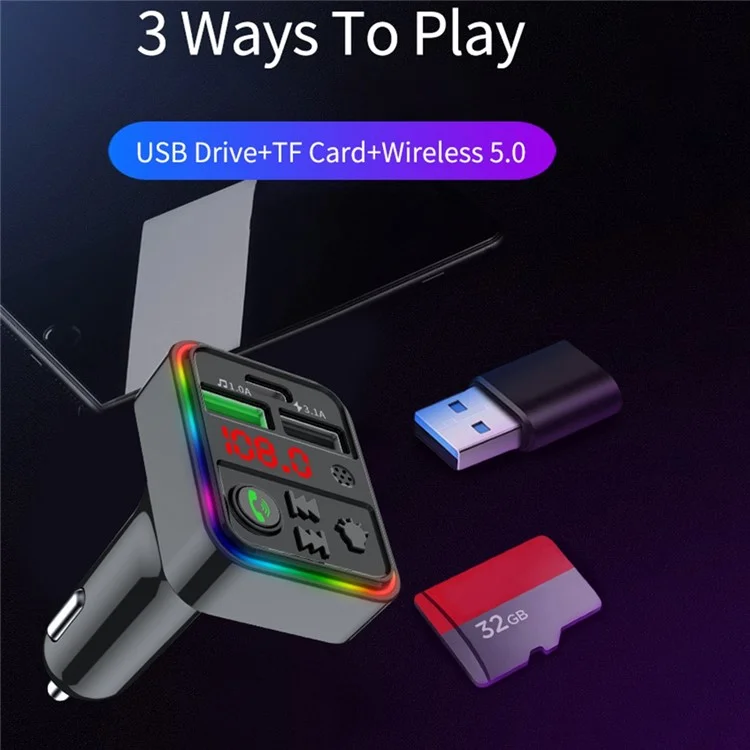 F18 Chamada Bluetooth Mãos-Livres Leitor de Música MP3 Luz LED Colorida Tipo-C + Carregador Duplo USB para Carro Transmissor FM Unidade USB / Cartão TF 