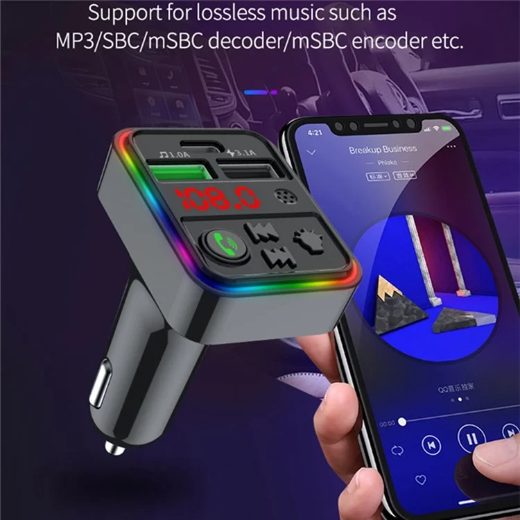 F18 Chamada Bluetooth Mãos-Livres Leitor de Música MP3 Luz LED Colorida Tipo-C + Carregador Duplo USB para Carro Transmissor FM Unidade USB / Cartão TF 