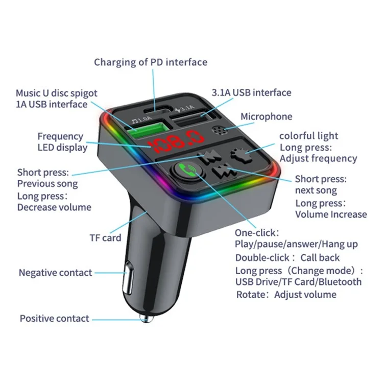 F18 Chamada Bluetooth Mãos-Livres Leitor de Música MP3 Luz LED Colorida Tipo-C + Carregador Duplo USB para Carro Transmissor FM Unidade USB / Cartão TF 