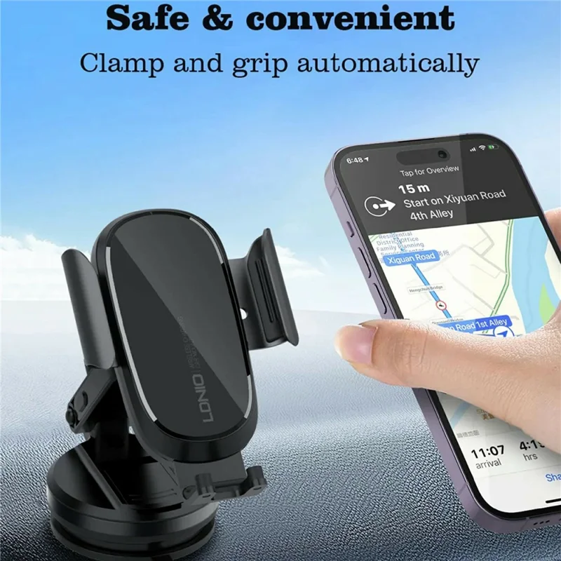 LDNIO MW21-1 Support de Voiture avec Chargeur Sans Fil 15 W, Support de Téléphone Auto-Grip à Serrage Électrique Automatique avec Base à Ventouse - Noir