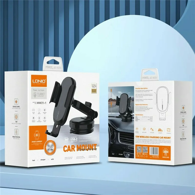 LDNIO MW21-1 Support de Voiture avec Chargeur Sans Fil 15 W, Support de Téléphone Auto-Grip à Serrage Électrique Automatique avec Base à Ventouse - Noir