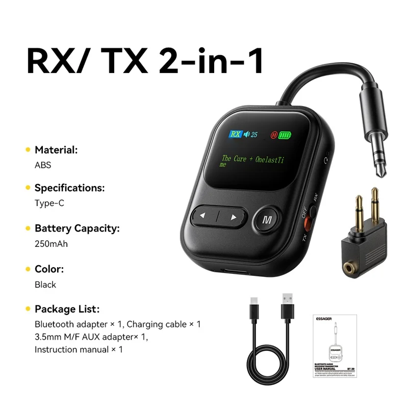 ESSAGER ES-BT30 2 in 1 Bluetooth-compatible Audio Adapter RX / TX LCD Display Converter for Car Speaker - Black
