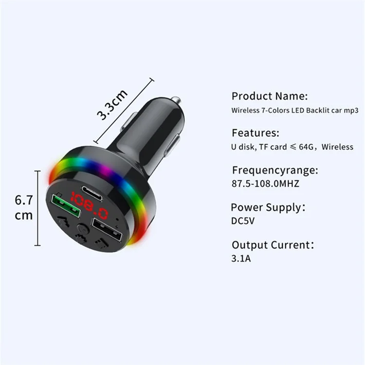 F15 Colorful LED Light FM Transmitter Bluetooth-compatible Hands-free Call MP3 Player Type-C + Dual USB Car Charger Support U-disk / TF Card