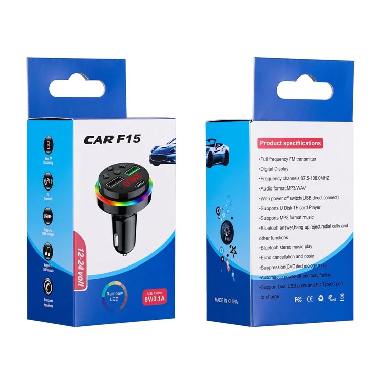 F15 Colorful LED Light FM Transmitter Bluetooth Hands-free Call MP3 Player Type-C + Dual USB Car Charger Support U-disk / TF Card