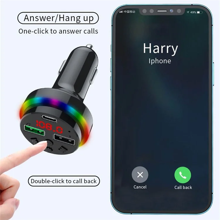 F15 Colorful LED Light FM Transmitter Bluetooth-compatible Hands-free Call MP3 Player Type-C + Dual USB Car Charger Support U-disk / TF Card