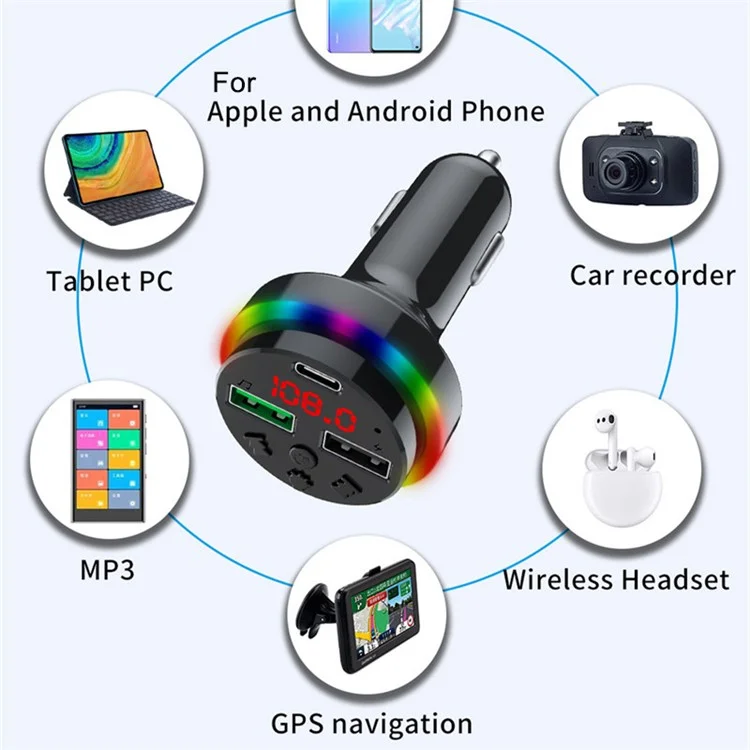 F15 Colorful LED Light FM Transmitter Bluetooth Hands-free Call MP3 Player Type-C + Dual USB Car Charger Support U-disk / TF Card