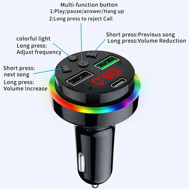 F15 Colorful LED Light FM Transmitter Bluetooth Hands-free Call MP3 Player Type-C + Dual USB Car Charger Support U-disk / TF Card