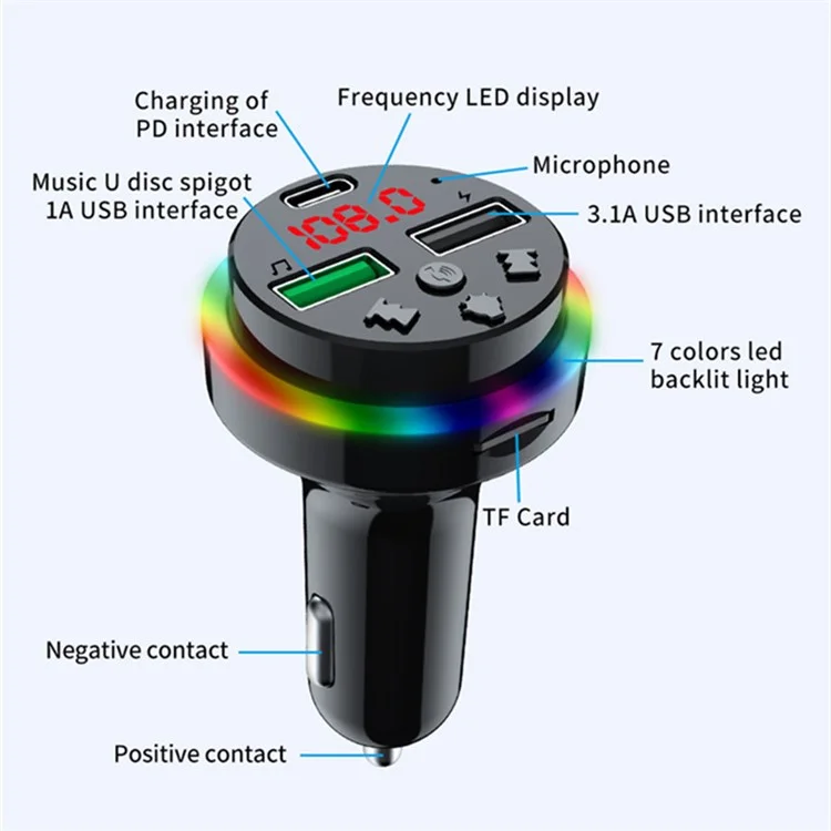 F15 Colorful LED Light FM Transmitter Bluetooth Hands-free Call MP3 Player Type-C + Dual USB Car Charger Support U-disk / TF Card