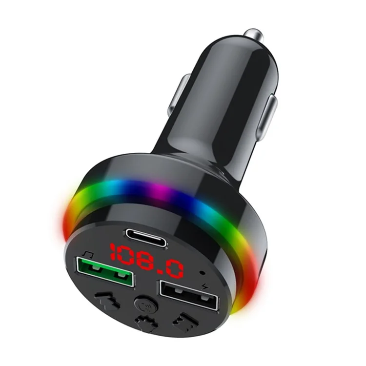 F15 Colorful LED Light FM Transmitter Bluetooth Hands-free Call MP3 Player Type-C + Dual USB Car Charger Support U-disk / TF Card