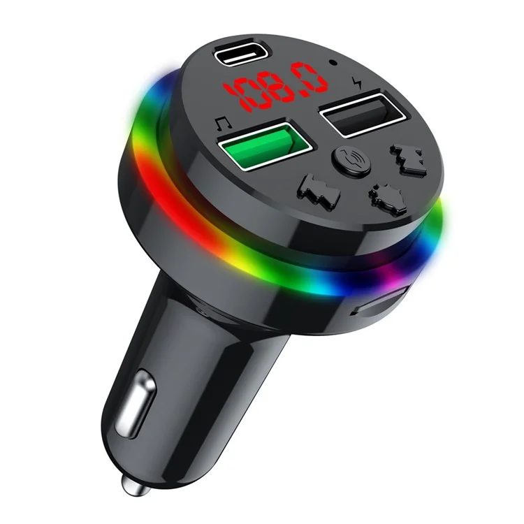 F15 Colorful LED Light FM Transmitter Bluetooth-compatible Hands-free Call MP3 Player Type-C + Dual USB Car Charger Support U-disk / TF Card