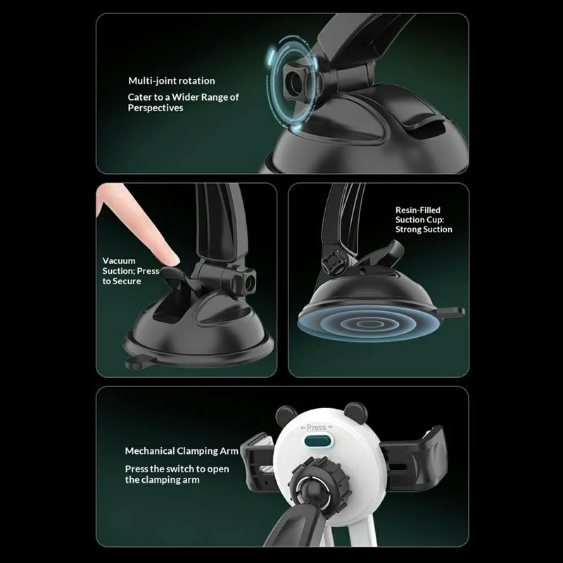 Panda Car Suction Cup Phone Mount 360° Rotation Vacuum Suction Cup Holder for Car Dashboard Windshield - Black