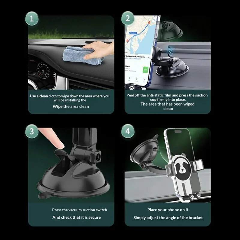 Panda Car Suction Cup Phone Mount 360° Rotation Vacuum Suction Cup Holder for Car Dashboard Windshield - Black