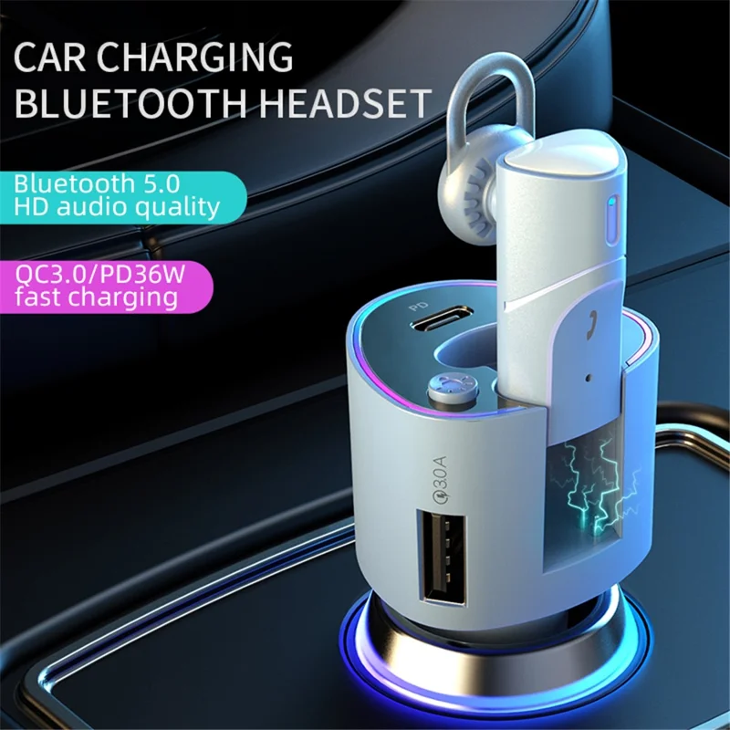 V16 Type-C+USB Car Charger Bluetooth-compatible Detachable Headset Earphone Support Hands-free Phone Calls Voice Control - Black