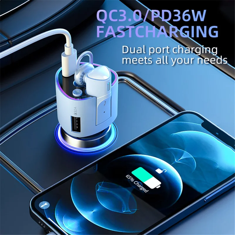 V16 Type-C+USB Car Charger Bluetooth-compatible Detachable Headset Earphone Support Hands-free Phone Calls Voice Control - Black