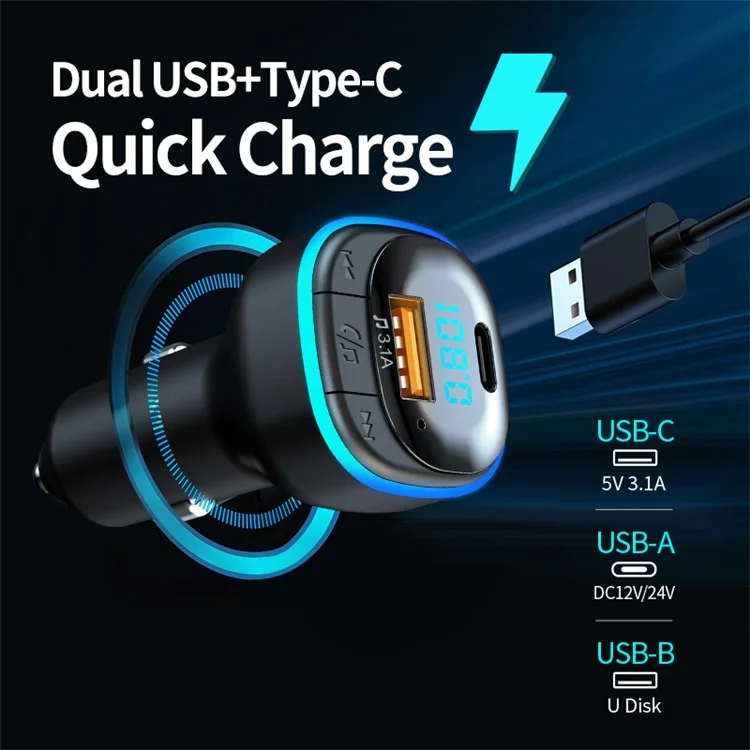 C33 LED Colorful Light Car Bluetooth-compatible FM Transmitter Digital Display Adapter Support Hands-free Calling Type-C+USB Phone Charger MP3 Player