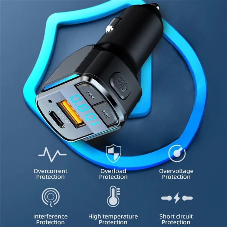 C34 LED Digital Display Car Bluetooth-compatible Transmitter FM Type-C+USB 3.1A Fast Charger Wireless Hands-free Phone Calling Audio MP3 Player Car Kit Accessories