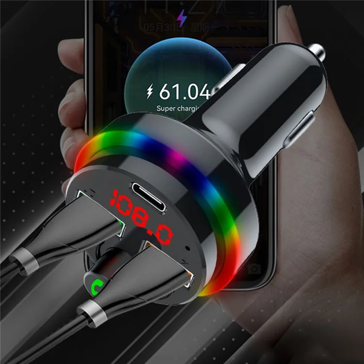 PDF17 Bluetooth-compatible Car Charger 2 USB + Type-C PD 25W Fast Charging Car Charger Adapter Bluetooth-compatible Call Receiver Support TF Card / BT Music Player