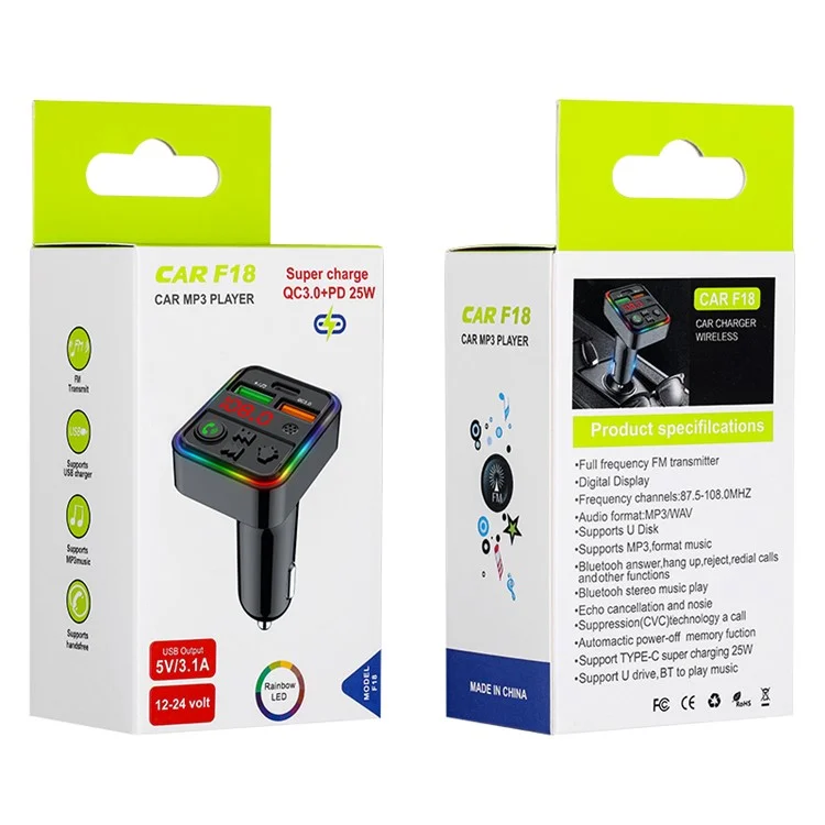 Chargeur de voiture Bluetooth MP3 Player Car Charger Adapter PDF18 PD 25W+QC3.0 Prenant en charge les appels mains libres U-Disk Qualité sonore sans perte