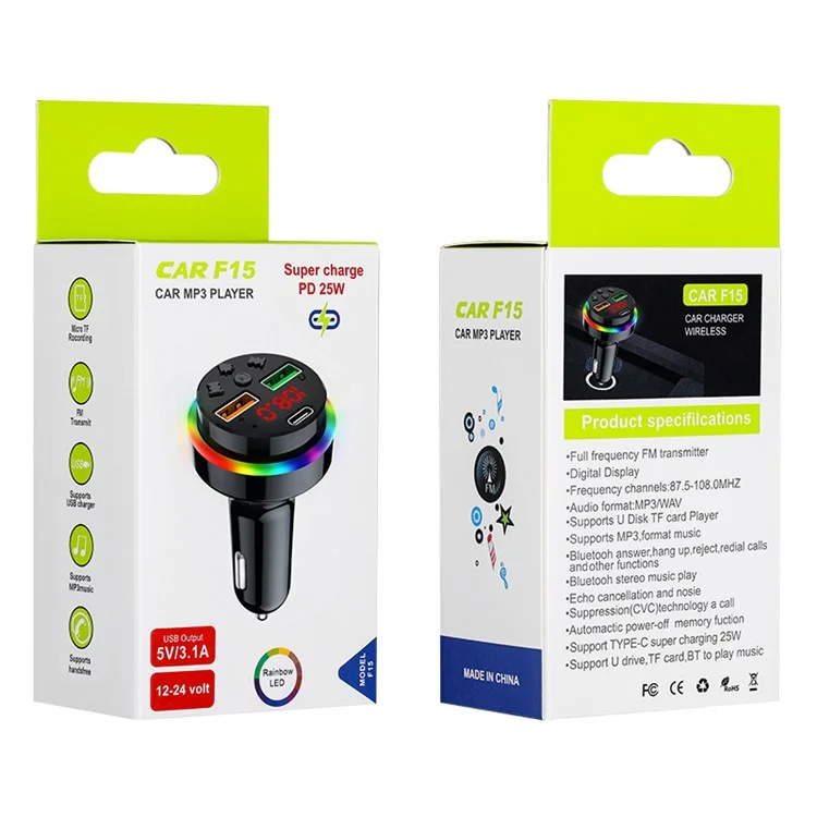 PDF15 PD 25W Fast Charging Car Charger Dual USB + Type-C Car Charger FM Transmitter Adapter for Mobile Phones