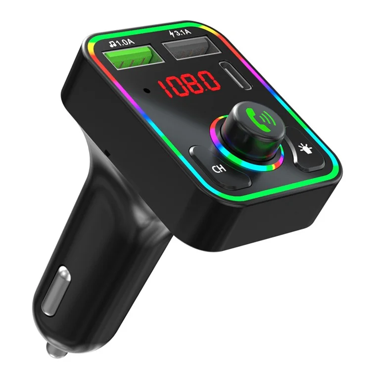 F3 Ambient Light Car Bluetooth-compatible Transmitter FM 2xUSB+Type-C Port Fast Charger Hands-free Phone Calling MP3 Player Car Kit Accessories, Support U-Disk and TF Card Playing