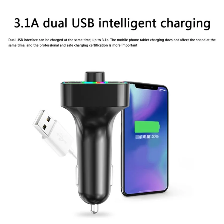 F3 Ambient Light Car Bluetooth-compatible Transmitter FM 2xUSB+Type-C Port Fast Charger Hands-free Phone Calling MP3 Player Car Kit Accessories, Support U-Disk and TF Card Playing