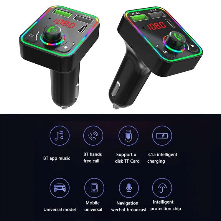 F3 Ambient Light Car Bluetooth-compatible Transmitter FM 2xUSB+Type-C Port Fast Charger Hands-free Phone Calling MP3 Player Car Kit Accessories, Support U-Disk and TF Card Playing