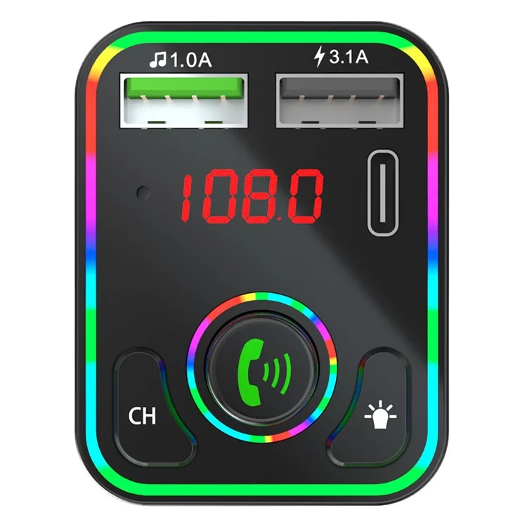 F3 Ambient Light Car Bluetooth-compatible Transmitter FM 2xUSB+Type-C Port Fast Charger Hands-free Phone Calling MP3 Player Car Kit Accessories, Support U-Disk and TF Card Playing