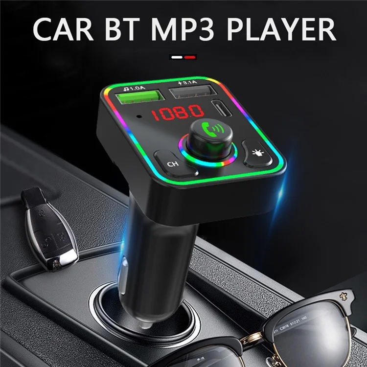 F3 Ambient Light Car Bluetooth-compatible Transmitter FM 2xUSB+Type-C Port Fast Charger Hands-free Phone Calling MP3 Player Car Kit Accessories, Support U-Disk and TF Card Playing