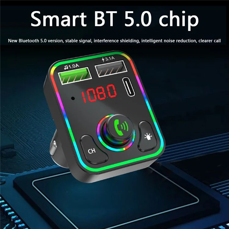 F3 Ambient Light Car Bluetooth-compatible Transmitter FM 2xUSB+Type-C Port Fast Charger Hands-free Phone Calling MP3 Player Car Kit Accessories, Support U-Disk and TF Card Playing