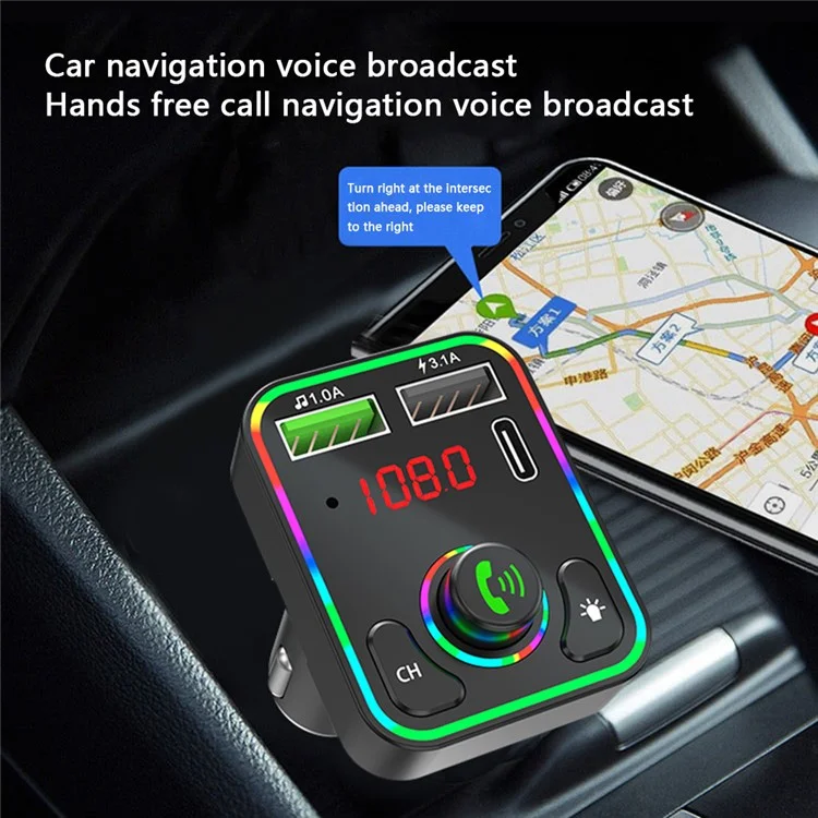 F3 Ambient Light Car Bluetooth-compatible Transmitter FM 2xUSB+Type-C Port Fast Charger Hands-free Phone Calling MP3 Player Car Kit Accessories, Support U-Disk and TF Card Playing