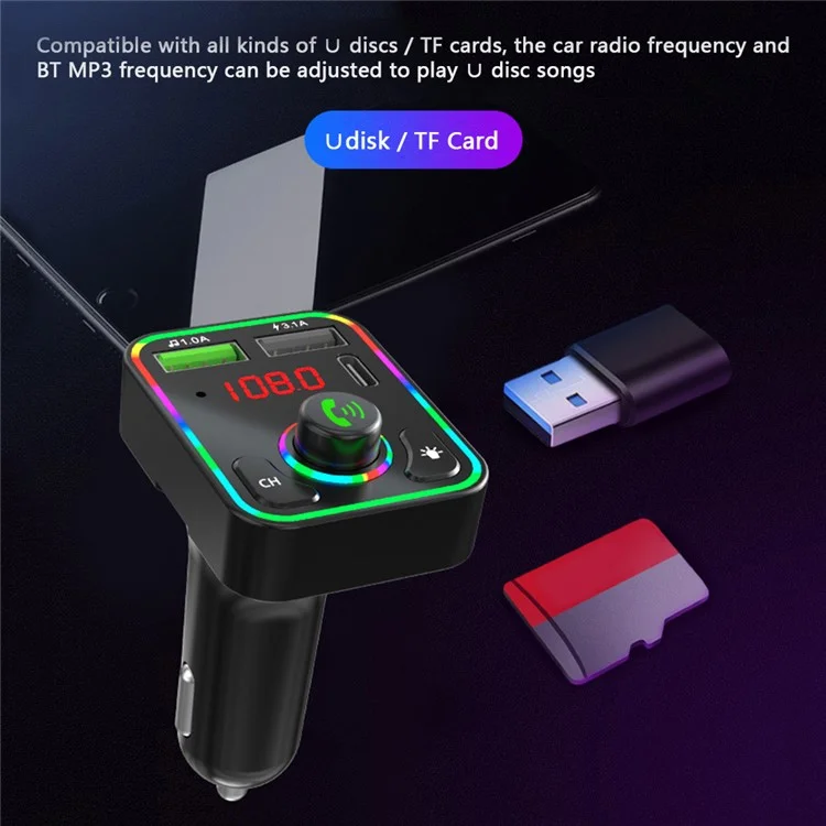 F3 Ambient Light Car Bluetooth-compatible Transmitter FM 2xUSB+Type-C Port Fast Charger Hands-free Phone Calling MP3 Player Car Kit Accessories, Support U-Disk and TF Card Playing
