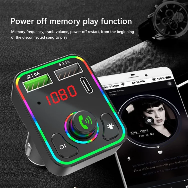 F3 Ambient Light Car Bluetooth-compatible Transmitter FM 2xUSB+Type-C Port Fast Charger Hands-free Phone Calling MP3 Player Car Kit Accessories, Support U-Disk and TF Card Playing