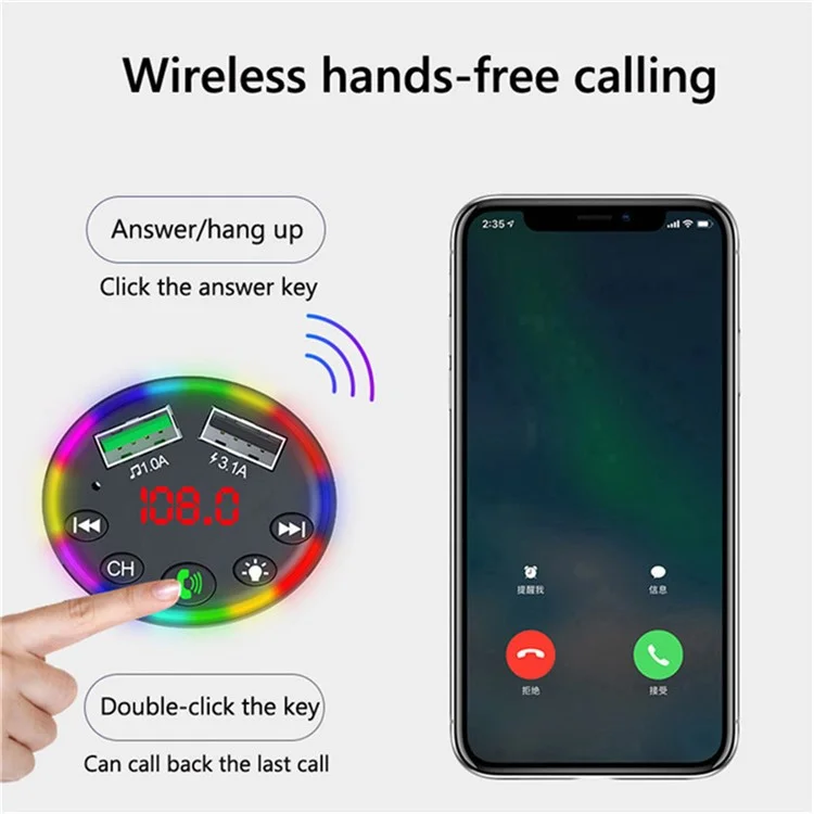 F9 Car FM Radio Bluetooth Sender Farbenfrohe LED Light Freisprechanruf Mp3-player Mit Dual Usb-ladeanschluss, Support U-disk / TF -karte Musik Spielt