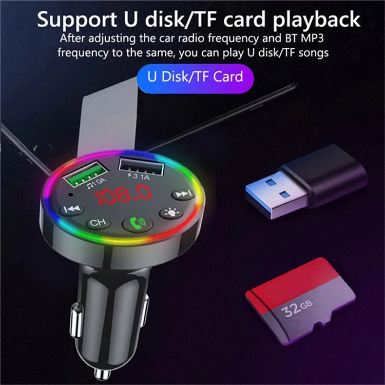 F9 Car FM Radio Bluetooth Sender Farbenfrohe LED Light Freisprechanruf Mp3-player Mit Dual Usb-ladeanschluss, Support U-disk / TF -karte Musik Spielt