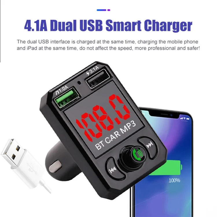 A6 BT FM Transmitter Car Charger with 2 USB Ports Car MP3 Player Support U Disk, TF Card, Bluetooth-compatible Hands-Free Calling