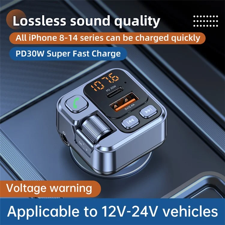 T16 PD 30W Car Charger Bluetooth-compatible MP3 Player FM Transmitter Charger Adapter with LED Screen