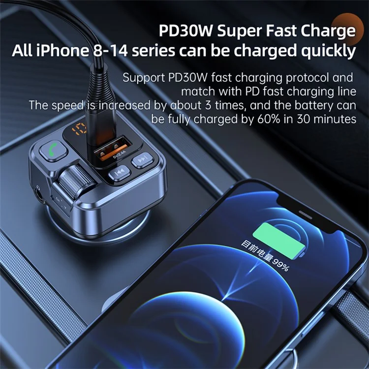 T16 PD 30W Car Charger Bluetooth-compatible MP3 Player FM Transmitter Charger Adapter with LED Screen