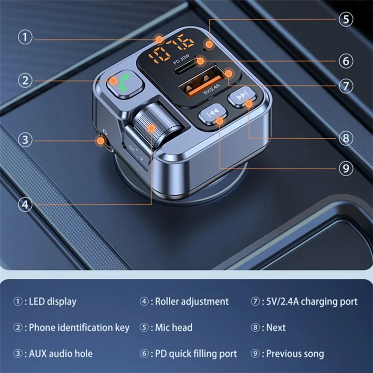 T16 PD 30W Car Charger Bluetooth-compatible MP3 Player FM Transmitter Charger Adapter with LED Screen