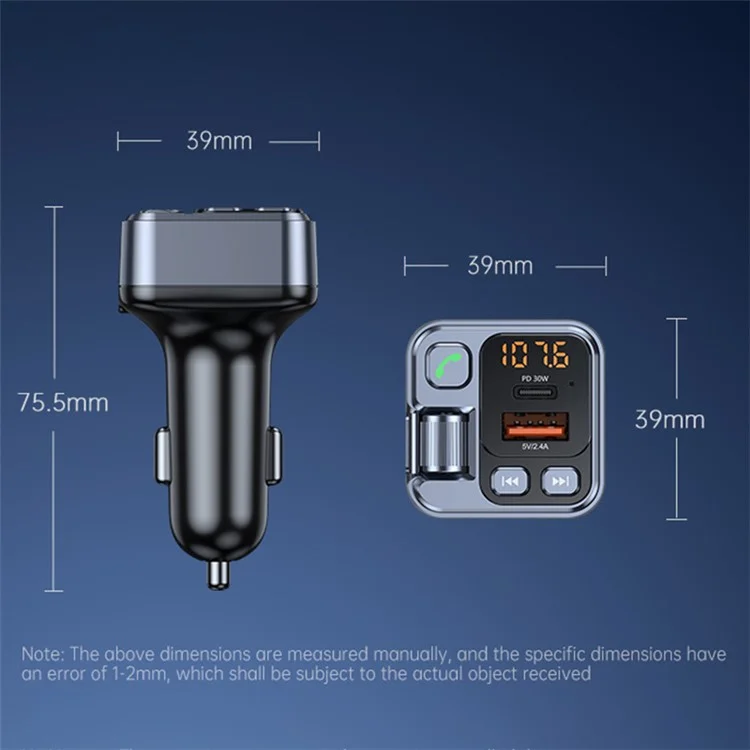 T16 PD 30W Car Charger Bluetooth-compatible MP3 Player FM Transmitter Charger Adapter with LED Screen