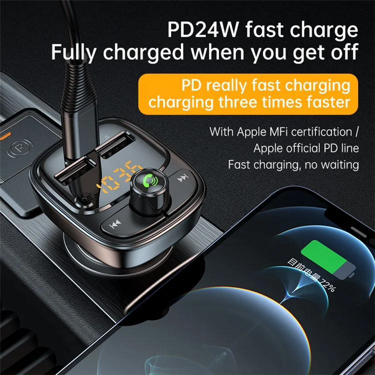 T02 PD 24W Bluetooth-compatible Car Charger MP3 Player Multifunction Car Charger Adapter with 2USB, Type-C Ports