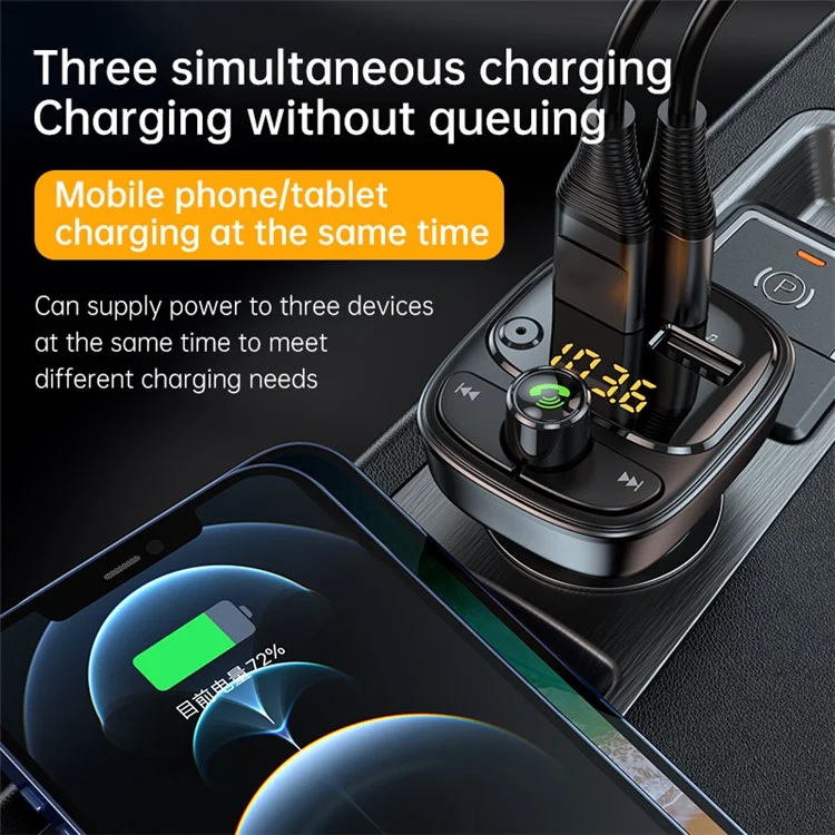 T02 PD 24W Bluetooth-compatible Car Charger MP3 Player Multifunction Car Charger Adapter with 2USB, Type-C Ports
