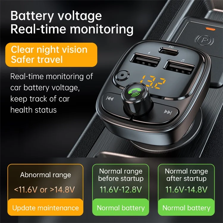 T02 PD 24W Bluetooth-compatible Car Charger MP3 Player Multifunction Car Charger Adapter with 2USB, Type-C Ports