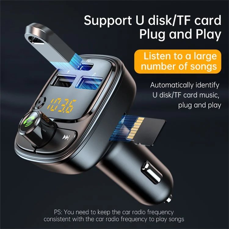 T02 PD 24W Bluetooth-compatible Car Charger MP3 Player Multifunction Car Charger Adapter with 2USB, Type-C Ports