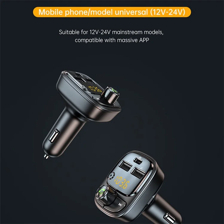 T02 PD 24W Bluetooth-compatible Car Charger MP3 Player Multifunction Car Charger Adapter with 2USB, Type-C Ports