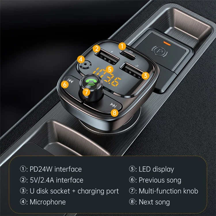 T02 PD 24W Bluetooth-compatible Car Charger MP3 Player Multifunction Car Charger Adapter with 2USB, Type-C Ports