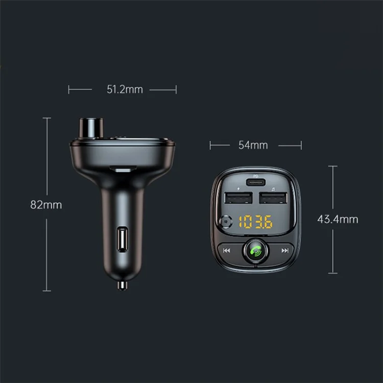 T02 PD 24W Bluetooth-compatible Car Charger MP3 Player Multifunction Car Charger Adapter with 2USB, Type-C Ports