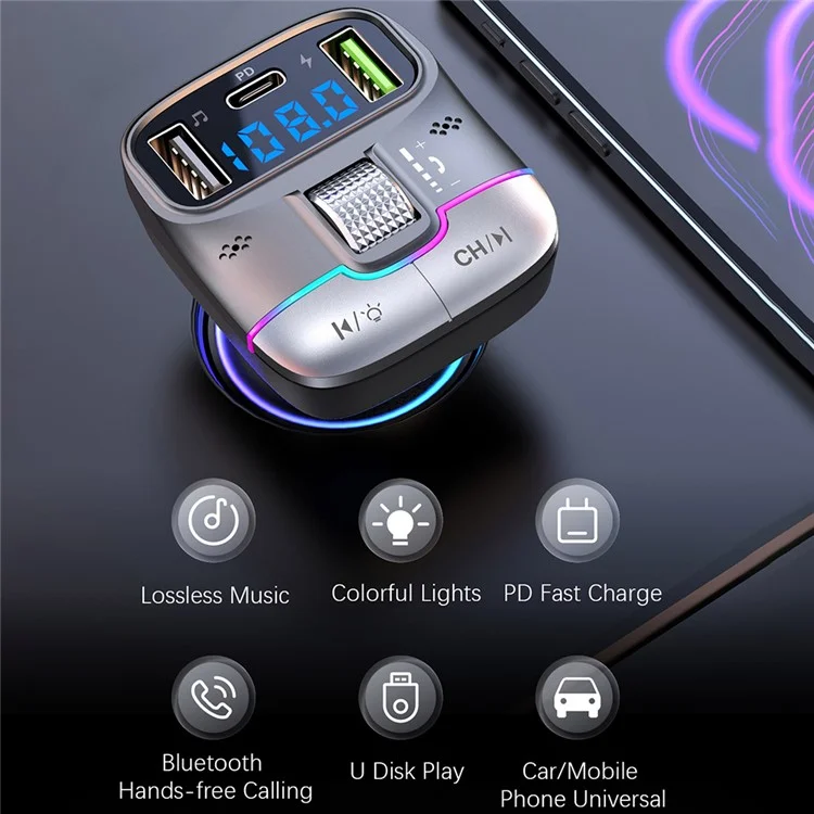 GZ01 Bluetooth 5.3 Hands-free Call U-disk MP3 Music Player Type-C + Dual USB Car Charger